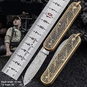 Han Dao Totem Pocket Knife Damascus Steel Rose Pattern Folding Mini Portable Knife (Color: Gold)